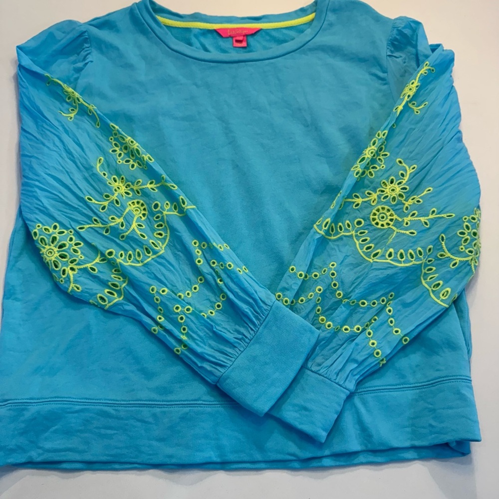 Lilly Pulitzer Blue Long Sleeve Top with Embroidered Sleeves